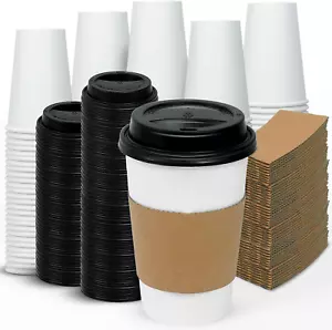 100 Pack 16 Oz Disposable Coffee Cups with Lids and Sleeves - to Go Paper Coffee - Picture 1 of 12