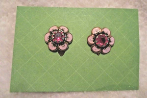 Vintage~Painted Pink on Gold Tone~Purple Rhinestone Center~Screw Back~1950's - Picture 1 of 8
