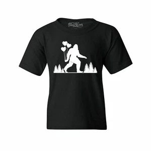 Bigfoot Heart Balloons Youth's T-Shirt Sasquatch Yeti Believer Love Shirts - Picture 1 of 10