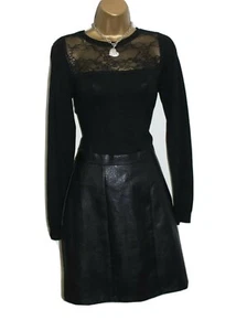 Lipsy Black 2 in 1 Dress S8 PU Leather Skirt Jumper Knit Lace Long Sleeve Party - Picture 1 of 17