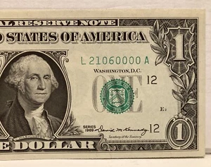 Uncirculated $1 Five Of A Kind Serial # L 21060000 A  1969 San Francisco,CA - Picture 1 of 3