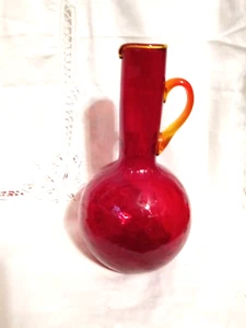 vtg Empoli Ruby Red Amberina Optic Glass Pitcher Jug Long Neck Vase Italy 9.5" - Picture 1 of 9