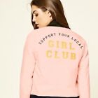 G2-- Forever 21 Pink Black Trim Support Your Local Girl Club Bomber Jacket Small