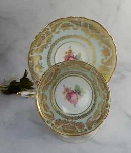 Paragon Double Warrant Gold Filigree Baby Blue Cabagge Rose Tea Cup & Saucer - Picture 1 of 11