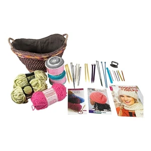 Complete Yarn & Crochet Bundle with Basket – Hooks, Needles, Books & Yarn Lot - Picture 1 of 9