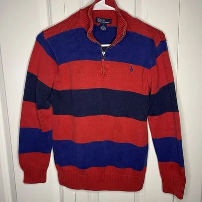 Vintage Polo Ralph Lauren Boys Large Red Blue Striped Rugby Knit 1/4 Zip Sweater - Image 1 of 4