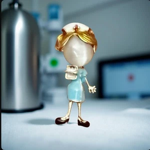 Cute Little Girl In Blue Dress Nurse Uniform & Hat Brooch Women’s Jewelry Pin - Picture 1 of 6