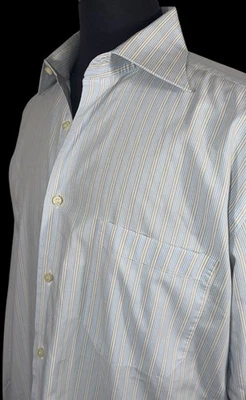 CAMISA SOCIAL LISTRADA DOURADA AZUL SHITE CORNELIANI TAMANHO 16.5 33/34 ITÁLIA  - Imagem 1 de 4
