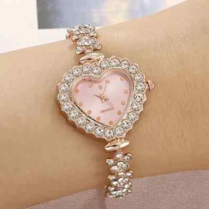 Pink Women Heart-Shaped Shiny Rhinestones Quartz Watch Adjustable Bracelet New - Picture 1 of 7
