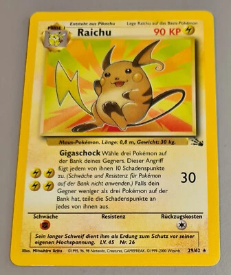 Raichu # 29/62 Rare Karte Non Holo aus Fossil 2000 Pokemon DE Near Mint Vintage - Bild 1 von 3