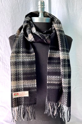 100% CASHMERE Winter SCARF WRAP MADE IN ENGLAND Twill Plaid Black/Camel/Gray - Image 1 of 3
