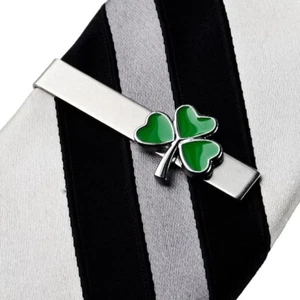 Shiny Green Enamel Shamrock Design Tie Clip For Men's In 10K White Gold - Picture 1 of 3