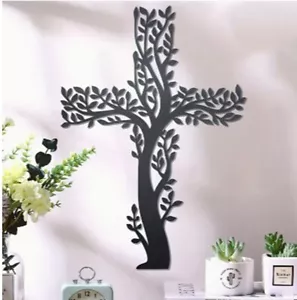 Tree Wall Cross Metal Decor Black Christian Leaves Easter - Picture 1 of 3