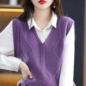 Sweater Vest Women V Neck Pullover Knitting Vest Tops Female Casual Sleeveless - Picture 1 of 27