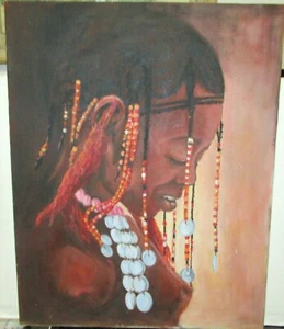 AFRICAN GIRL WITH BREADS ORIGINAL OIL ON CANVAS PAINTING UNSIGNED - Picture 1 of 4