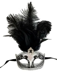 "Máscara veneciana negra gris plateada pluma mascarada Mardi Gras 12" - Imagen 1 de 7