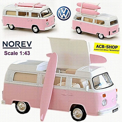 VW Volkswagen T2b Camper Van Westfalia + Tavole da Surf 1972-79 Rosa 1:43 Norev - Immagine 1 di 4