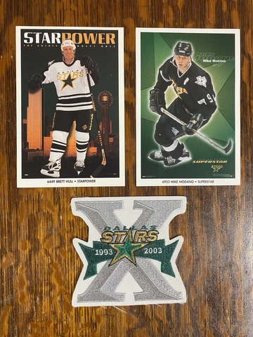 DALLAS STARS NHL BRETT HULL, MIKE MODANO MINI POSTER, 10TH ANNIVERSARY PATCH LOT Cover