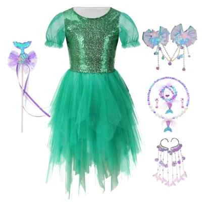 Halloween Niña Sirena Vestido Niño Sirena Lentejuelas Burbuja Manga Princesa Vestido Foto 1 de 4