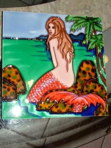 8"x 8" Mermaid on Rock Wall Art Ceramic Plaque Beach Bath Decor last one - Picture 1 of 1