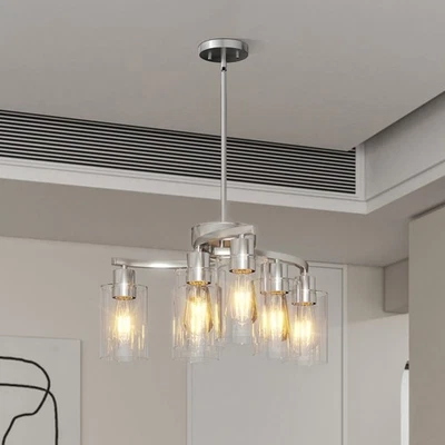 Lámpara colgante de níquel de 22" 6 luces moderna lámpara de vidrio transparente accesorios colgantes Foto 1 de 4