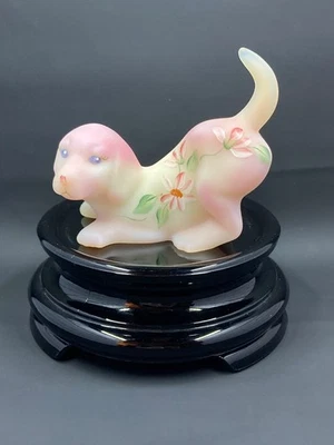 Fenton Burmese Glass Playful Puppy Dog Floral  UV Glow Hand Painted Signed - image 1 of 4