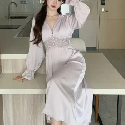 Sexy Mujeres Camisón Sedoso Satén Ropa de Noche Vestido Prendas para dormir Hogar Vestido Lencería Foto 1 de 4