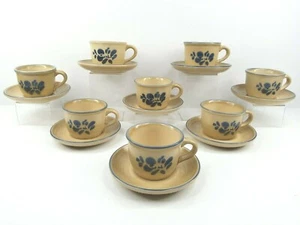 8 Pfaltzgraff Folk Art Cup Saucer Set Vintage Blue Tan Floral Stoneware Dish Lot - Picture 1 of 12