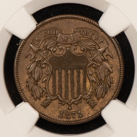 1871 2c Two Cent Piece - Cud - Beautiful Wood Grain - NGC AU 58 BN - B3080 Cover