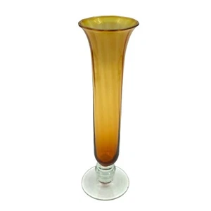 Jarrón vintage de vidrio ámbar de dos tonos 7,75" con tallo de patas transparentes mediados de siglo - Imagen 1 de 11