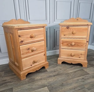 Retro Vintage Pair 2 Solid Wooden Pine Bedside Tables Drawers Cupboards Cabinets - Picture 1 of 24