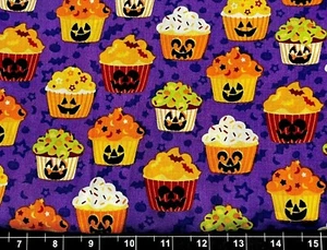 Tina Scrap 9"x21" Halloween Candy Cupcakes Pumpkins face Cotton Fabric - Picture 1 of 1