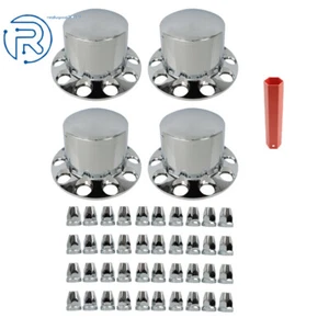 ABS Semi Truck Rear Wheel Axle Hub Covers Hubcaps Kits 33MM Chrome Lug Nuts - Picture 1 of 11