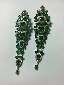 Natural Emerald & CZ Sterling Silver .925 Dangle Earrings - Picture 1 of 6