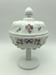 VTG Westmoreland Milk Glass Candy Dish Compote w Lid Painted Flowers - Picture 1 of 7