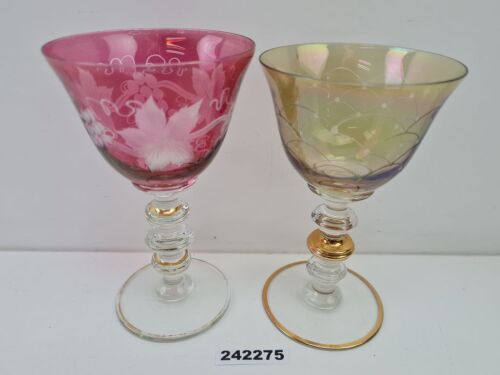 2x Weingläser handgeschliffen böhmisches Glas? rosa irisierend alt antik #242275