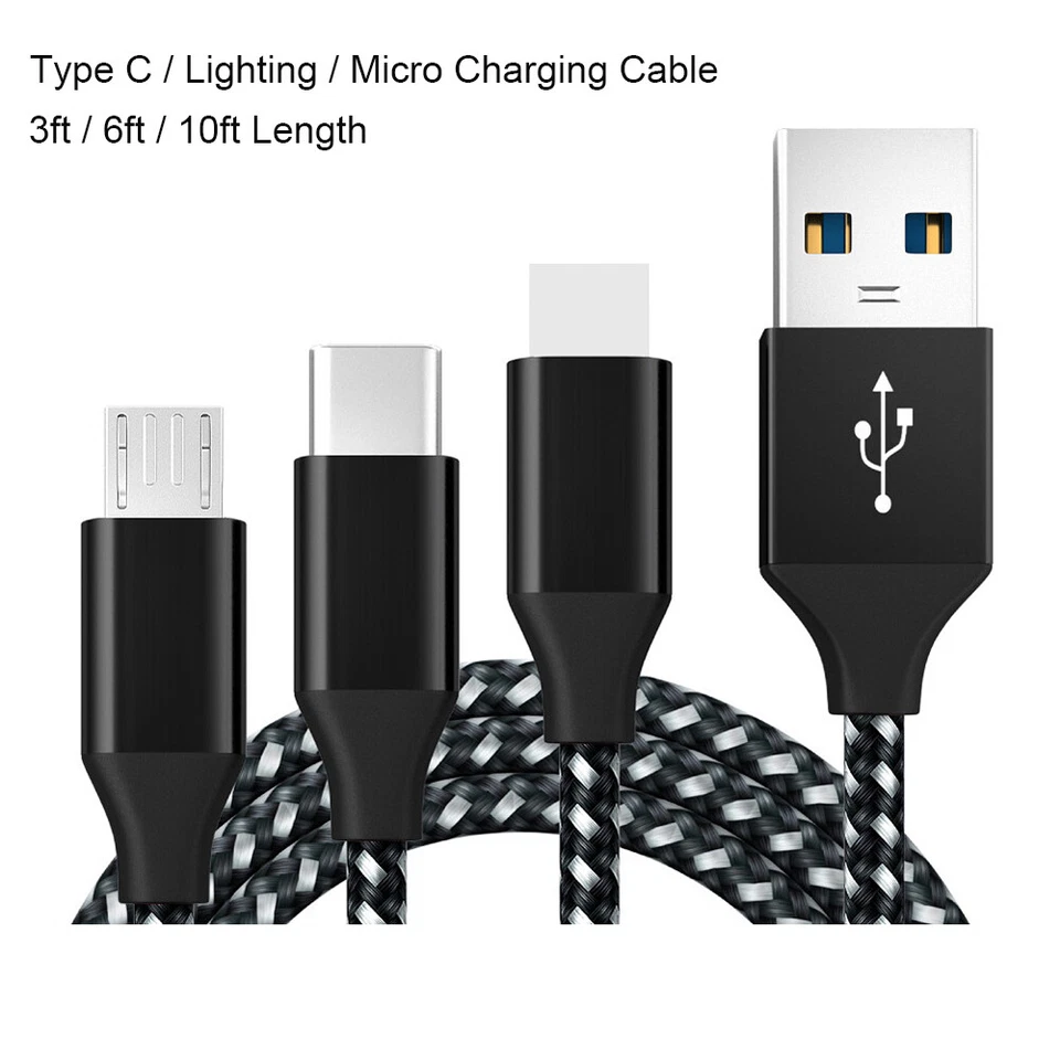 3 Pack USB-C Type C/Lightning/Micro Fast Charge Data Cable Cord Braided 3/6/10FT - Image 1 of 4