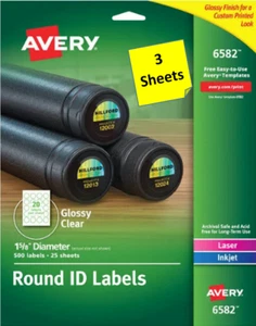 [3 hojas] Etiquetas de identificación redondas transparentes brillantes de diámetro Avery 6582 1 5/8" láser/inyección de tinta - Imagen 1 de 1