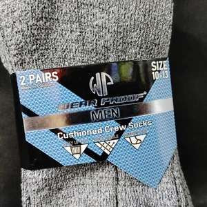 Wear Proof Cushioned Crew Socks Men's Size 10-13 2 Pairs Gray Black - Picture 1 of 6