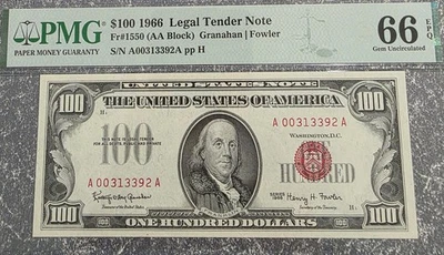 1966 $100 Fr# 1550 Legal Tender Note   PMG 66EPQ GEM UNCIRCULATED - Image 1 of 2