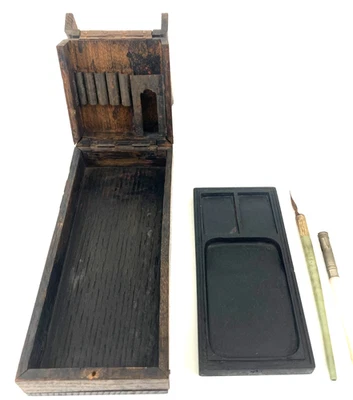 Juego de caligrafía japonesa vintage Suzuribako caja de madera herramienta antigua Foto 1 de 4