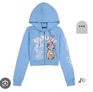 ED HARDY “Flower Skull” BLUE CROPPED ZIP UP HOODIE - Picture 1 of 4