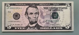 2009 Five Dollar Federal Reserve Note $5 STAR NOTE Circulated #96479 - Picture 1 of 2