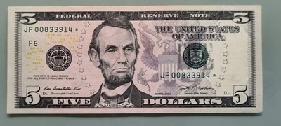 2009 Five Dollar Federal Reserve Note $5 STAR NOTE Circulated #96479 - Image 1 of 2