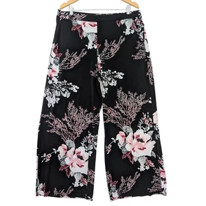 WHBM Wide Leg Pants Womens L Black Floral Pull On Business Casual Pockets - Picture 1 of 10