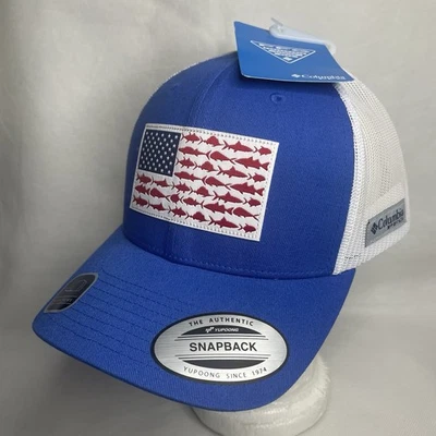 Columbia PFG Pez Bandera Sombrero Malla Transpirable Ajustable SnapBack Gorra Azul Blanco Foto 1 de 4