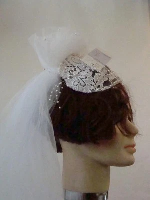 Вуаль белый кружевной обруч крышка цветочный тюль новый из старых запасов семена жемчуг винтажный длинный - Изображение 1 из 4