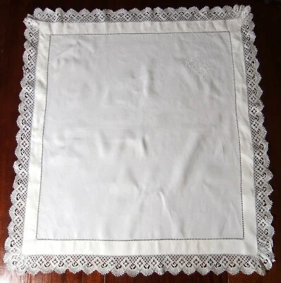 Kissenbezug XIX. 89 X 83 Aus Leinen Mit Spitze Und Monogramm LH - Bild 1 von 4