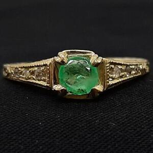 Genuine .60ctw Colombian Emerald & H-SI Diamond 14K Yellow Gold 925 Silver Ring