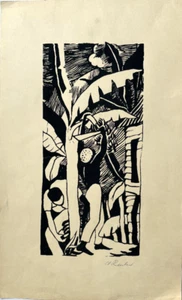"Jamaican Men & Palm Tree" 17 3/8 x 10 1/2" Woodcut- Vernal Reuben(1923-2005) - Picture 1 of 8
